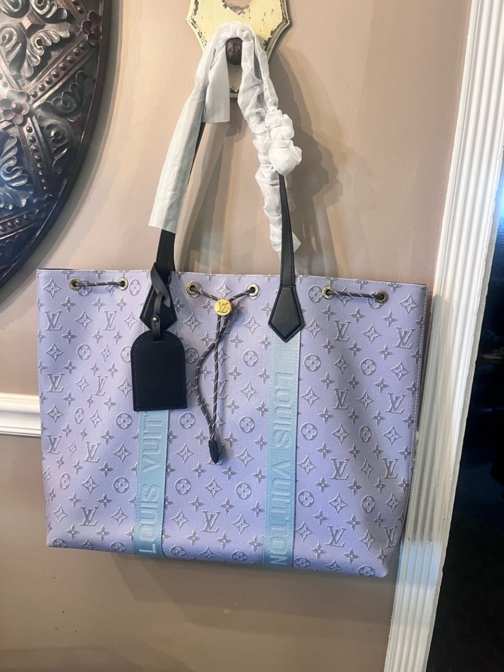 Louis Vuitton look a likeLavender Monogram Tote with Light Blue Straps